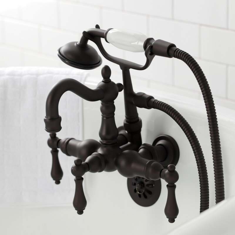 Kingston Brass Heritage Three-Handle 2-Hole Tub Wall Mount Clawfoot Tub Faucet with Hand Shower, Oil Rubbed Bronze