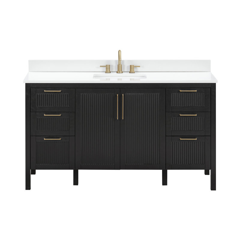 Ensemble de meuble-lavabo simple 60 po avec plateau en chêne noir Luka, Quartz blanc, 61"