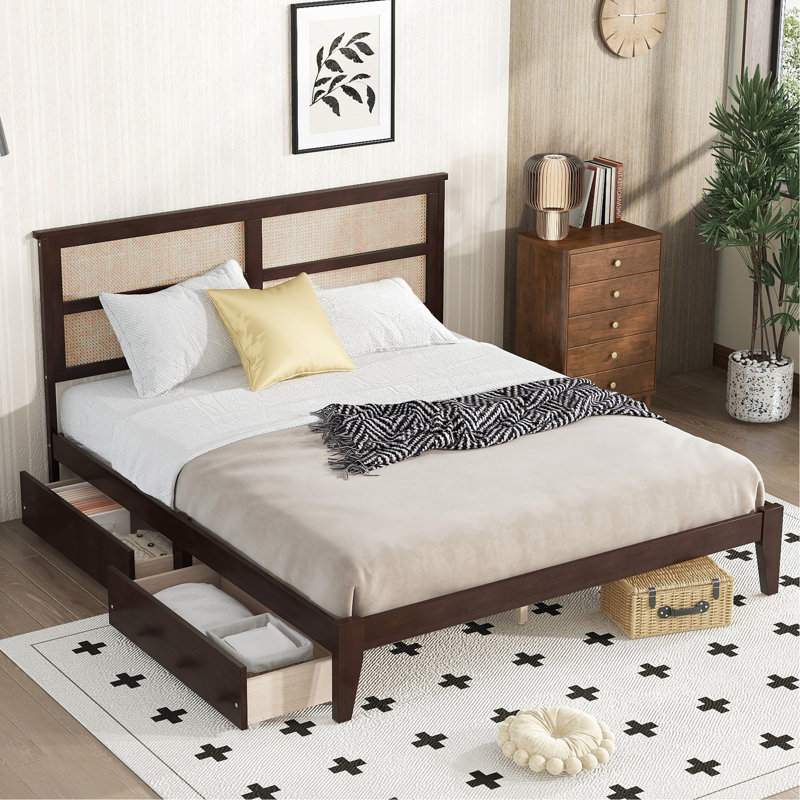 Bed with Rattan Headboard, Two Storage Drawers, Rubber Wood Bed with Enhanced Support Salts and Feet, Full, White Oak
