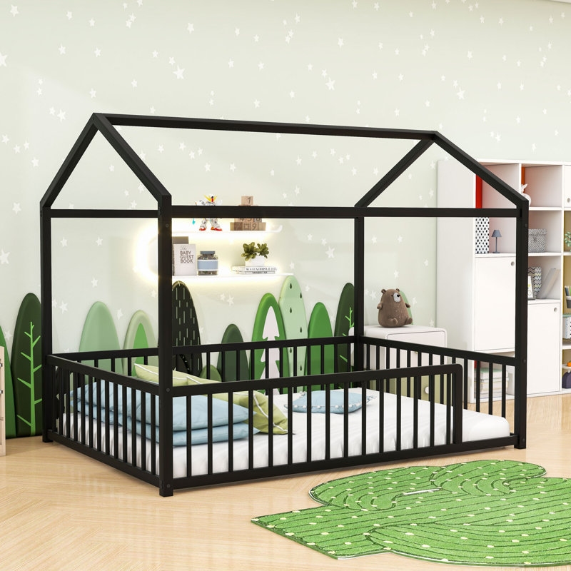 Structure de lit en métal avec clôture Montessori, Noir, Complète