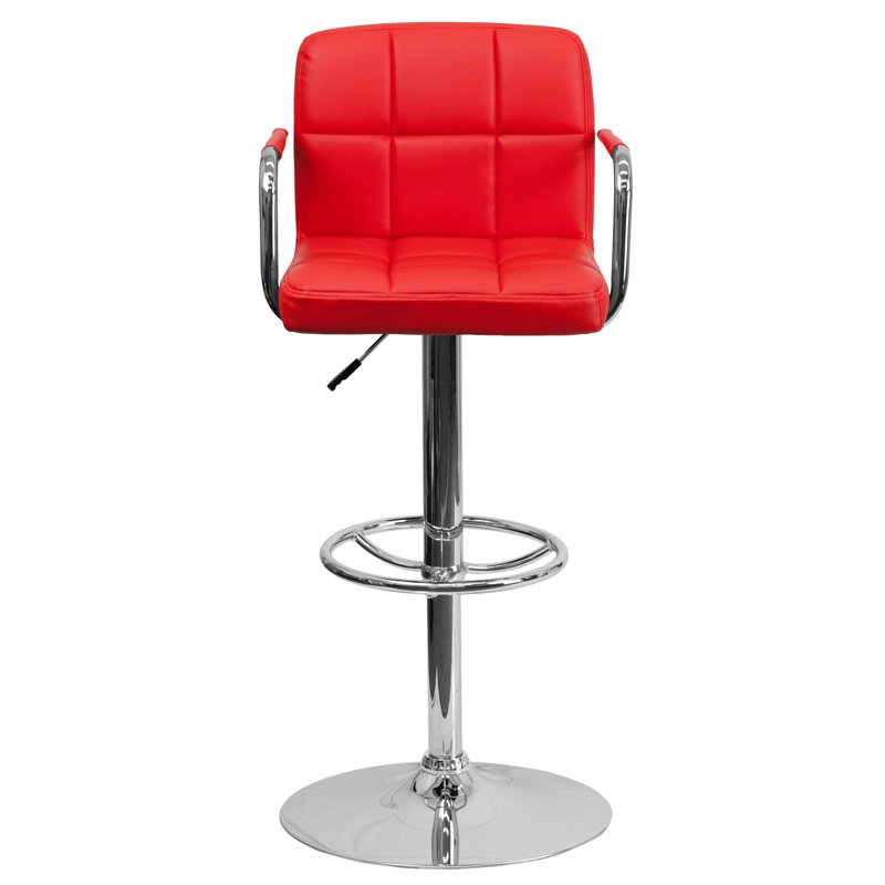 Red Adjustable Height Swivel Leather Bar Stool with Metal Base