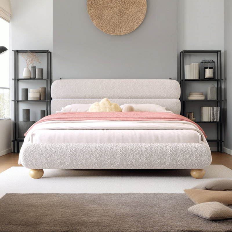 Grand lit tapissier moderne - tissu Teddy Boucle, conception à profil bas, tête de lit courbée, aucun sommier tapissier requis, blanc?