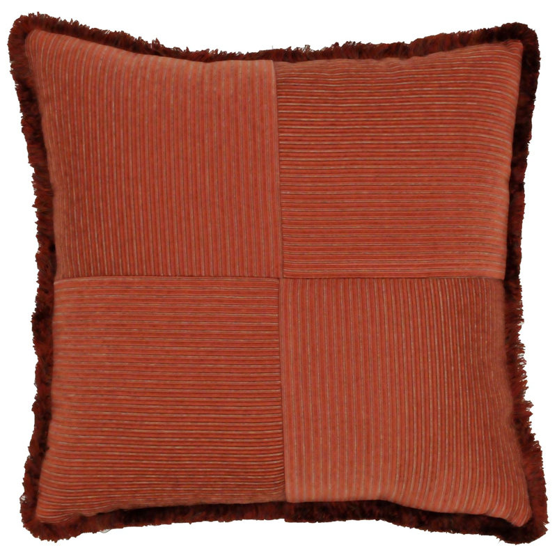 Red and Taupe Canvas Square Throw Pillow with Fringe Trim
