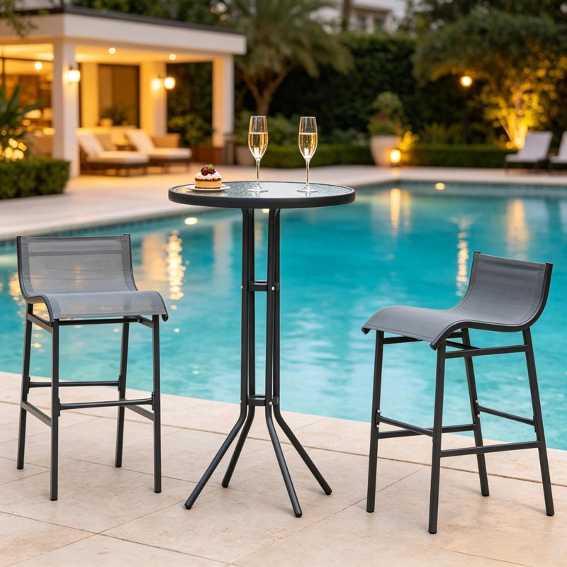 Ensembles de salle à manger de patio peu encombrants, bistro moderne en verre à mailles d'acier pour patio