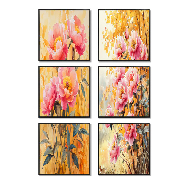 Pivoines dans la brise du verger - ensemble de 6 impressions murales florales, Impression encadrée sans passe-partout, Noir