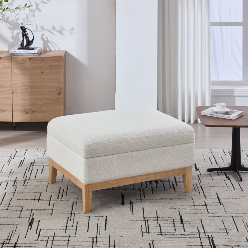Repose-pieds de rangement contemporain avec couvercle réversible et pieds en bois massif, Blanc