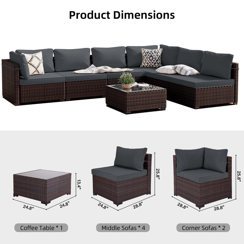 Forksville Wicker 6 - Person Modular Patio Conversation Set with Cushions, Dark Gray Cushion/Brown Frame