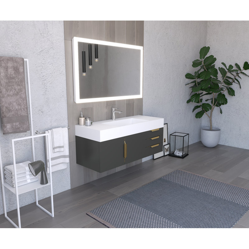 Meuble-lavabo mural simple 48 po avec comptoir à surface solide - base noire, plateau blanc, poignées dorées, Blanc, Doré