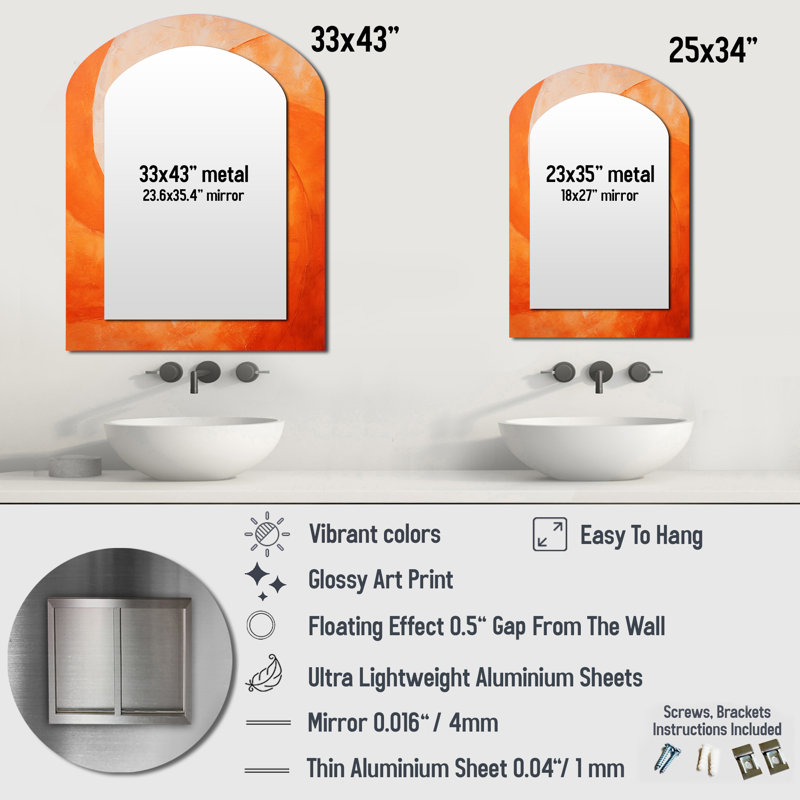 Tangerine Twist Spriral I - miroir mural à spirales abstraites en arc, miroir décoratif pêche asymétrique, impression sur métal