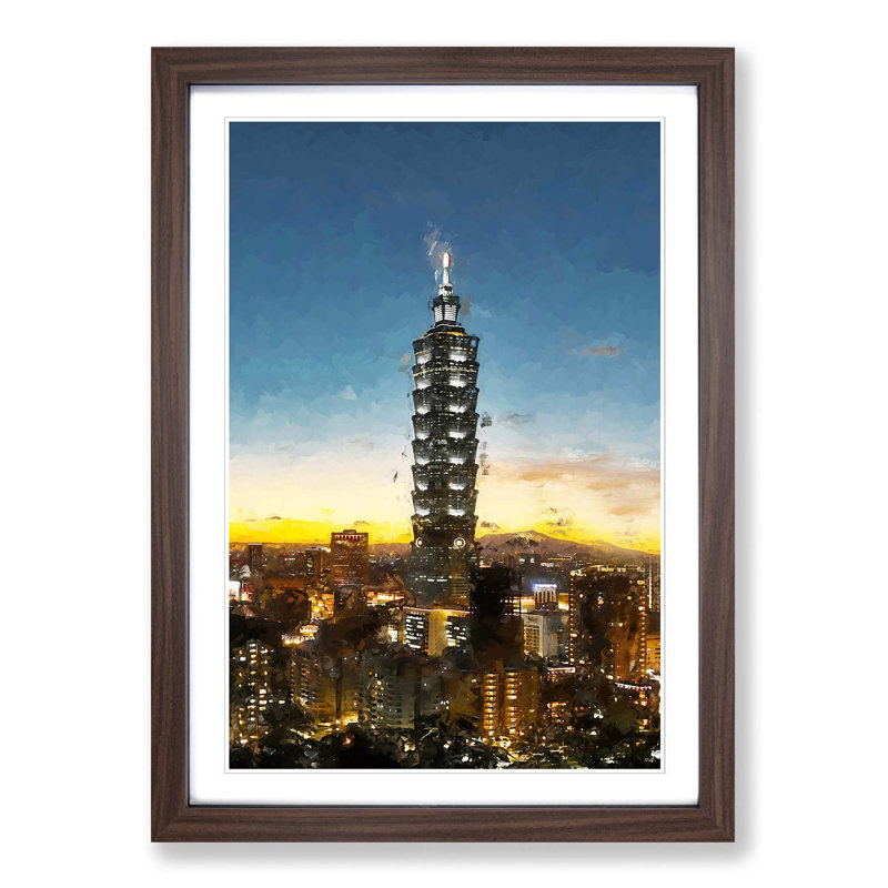 Taipei City in Taiwan Abstract Art - Picture Frame Graphic Art Print, 87cm H x 62cm W x 2cm D, Walnut Framed