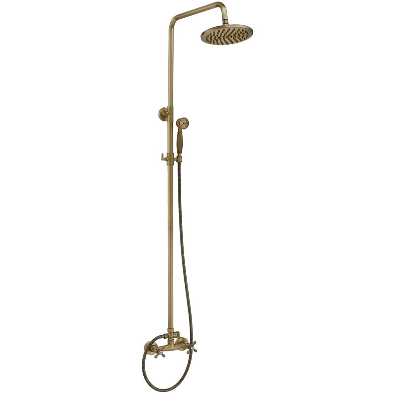 2-Spray Wall Bar Shower Kit 8 In. Round Rain Shower Head With Hand Shower And 2 Cross Knobs In Antique