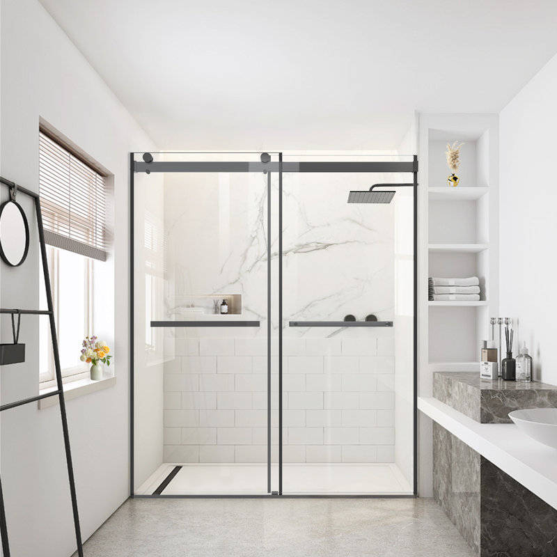 60" W x 74" H Frameless Double Sliding Walk-in Shower Door, Matte Black