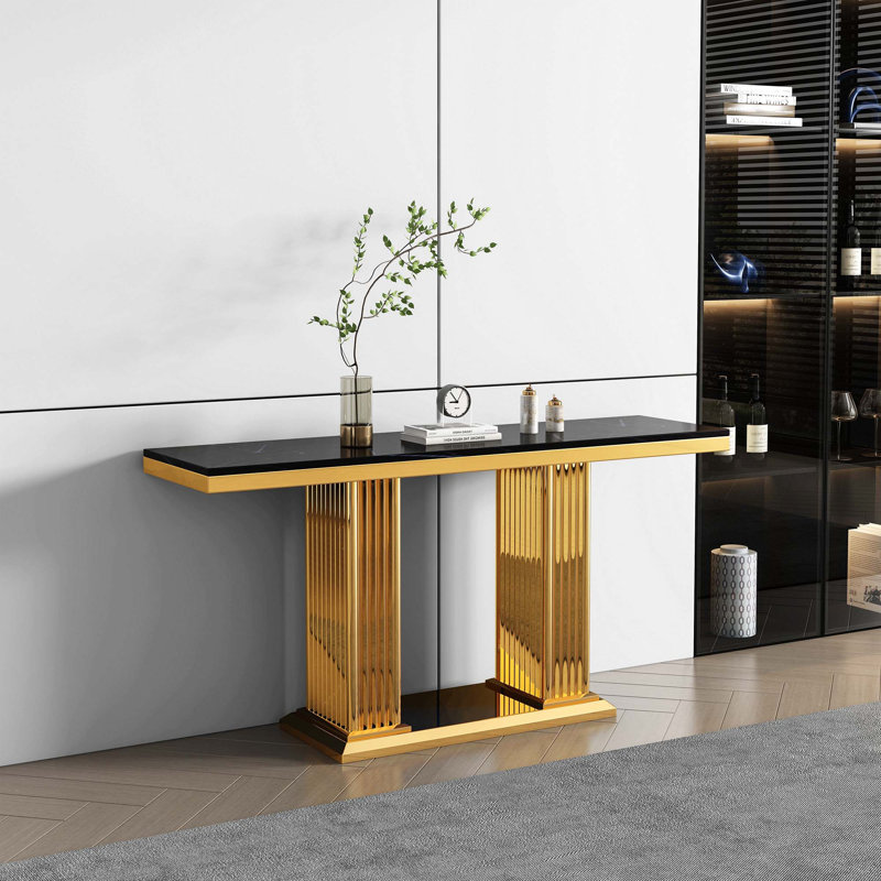 59.06'' Marble Top Console Table, Black, Gold