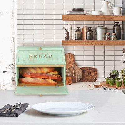 Boîte à pain vintage à double compartiment pour le comptoir de la cuisine, conserve le pain frais 3 à 4 jours, capacité de 2 pains ou plus, convient aux cuisines de style rustique/rustique, design rétro, (vert menthe)