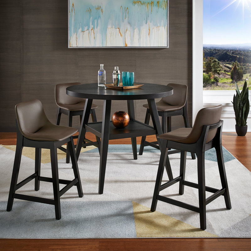 Griggsville Black Finish 44" Round Counter Height Dining Set - 5-Piece, Vegan Leather Chairs, Brown