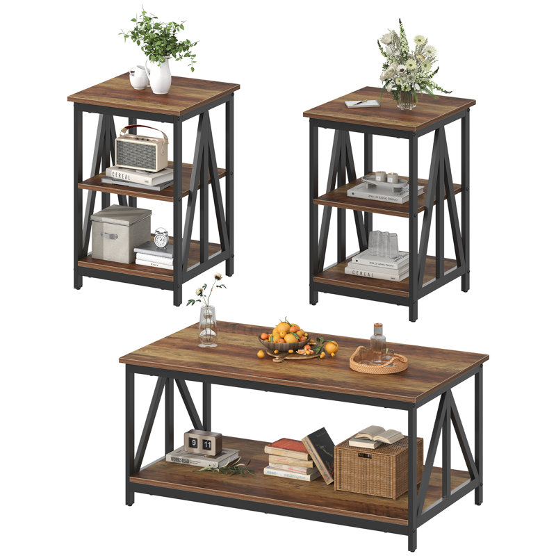 17 Stories Living Room Coffee Table Set of 3, Industrial Triangular-Design Coffee Table and 2 End Side Tables, 3 Piece Living Room Table Set with Large Storage for Apartment Home (Brown Wood)