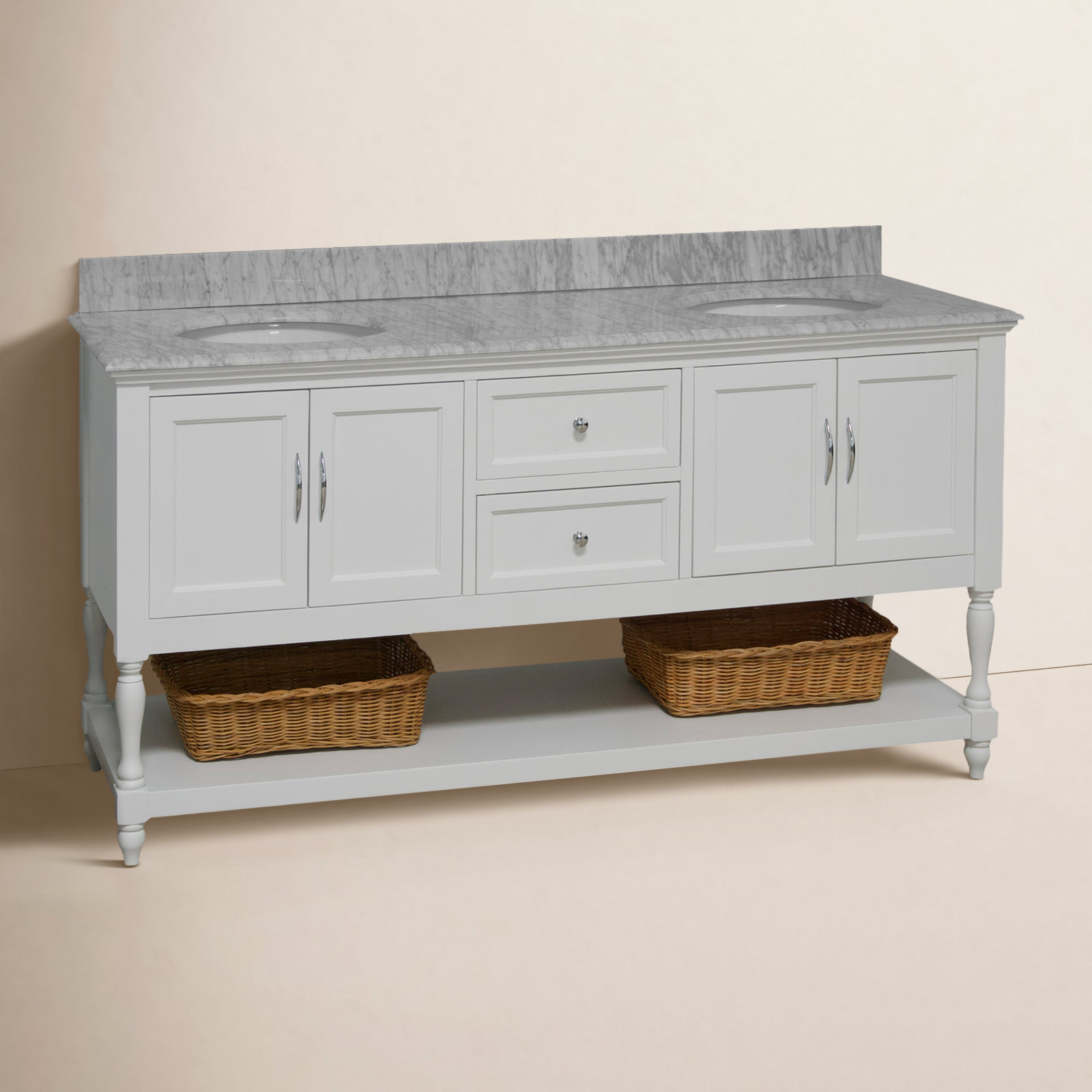 72'' Double Bathroom Vanity, White, Carrara Marble