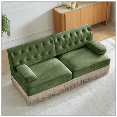 Soft Velvet Fabric Chesterfield Style Sofa, Button Tufted Design, Floor-grazing Tassel Fringe Skirt, Easy to Assemble, Free Combination, For Living Ro