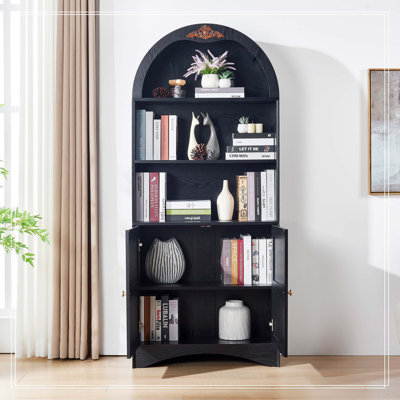 Arched Storage Cabinet with Decorative Applique, MDF Anti-Scratch Surface Sideboard, Adjustable Shelves & Hinges, Anti-Tip Strap, Freestanding Storage Bookcase Wine Cabinet for Dining Living Room
