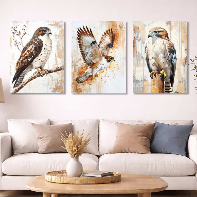 Hawk on the Hunt - Brown Hawk, art mural encadré 3 pièces, Toile tendue, H 32 po x l 72 po