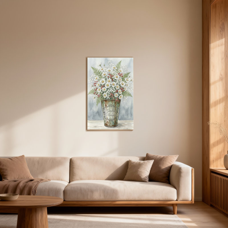 Plantes et fleurs, marguerites, baies, fougères, vase, jardin, H 24 po x l 16 po