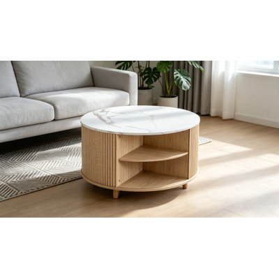 Table basse ronde de 32 po avec rangement, table basse moderne en bois avec armoire, table centrale circulaire pour le salon, table d'appoint à compartiment caché
