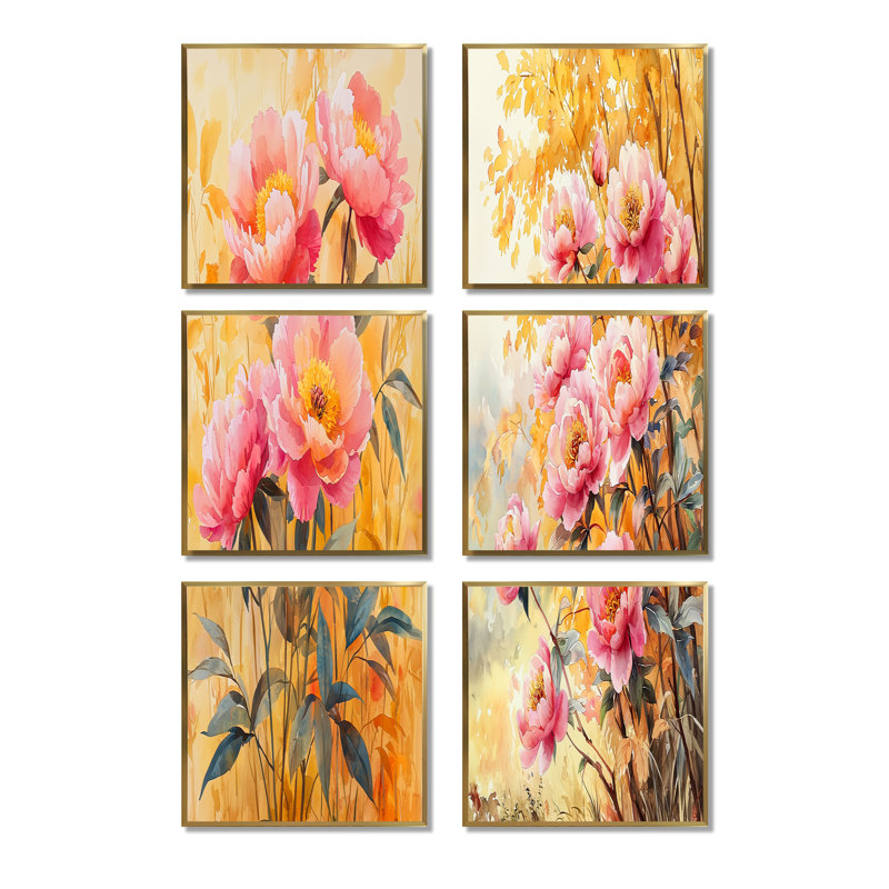 Pivoines dans la brise du verger - ensemble de 6 impressions murales florales, Impression encadrée sans passe-partout, Doré