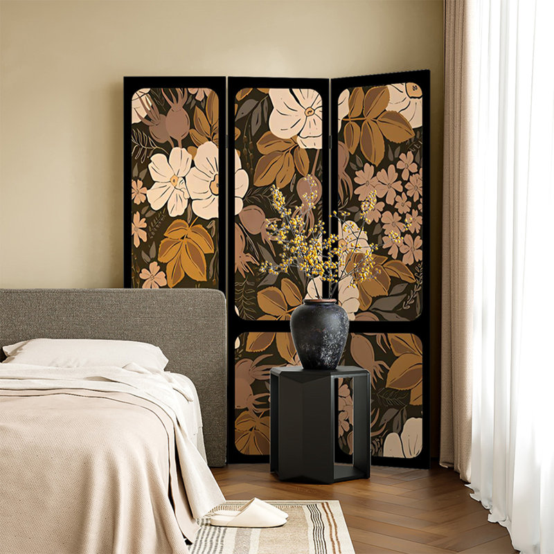 Paravent 3 panneaux en bois massif noir et toile pliante, H 70,87 po x l 47,24 po x P 1,97 po, 3