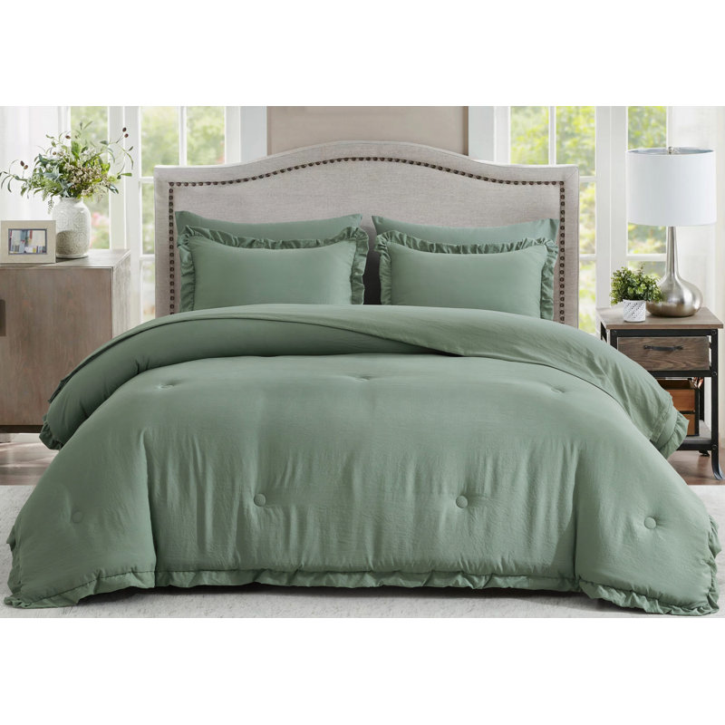 Ruffled Edge Microfiber Bed in a Bag Comforter Set, Queen Comforter + 6 Additional Pieces, Sage