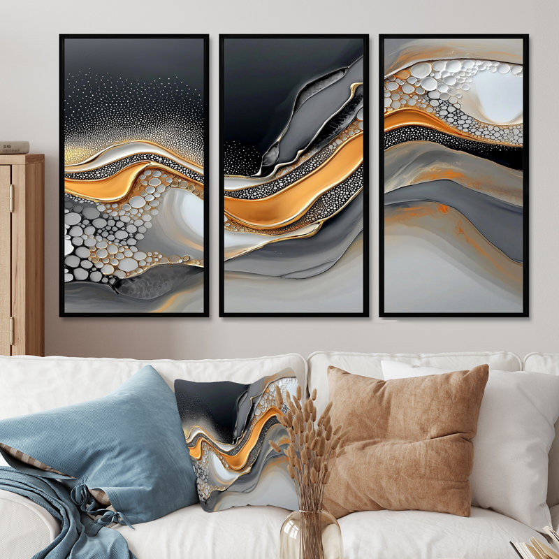 Encre dorée et grise fractale II - ensemble d'art mural moderne transitionnel abstrait, H 40 po x l 60 po, Noir