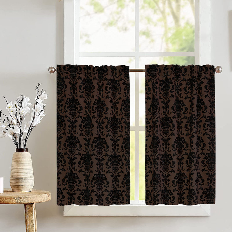 Poplin Damask Floral Cafe Tier Curtains, Brown
