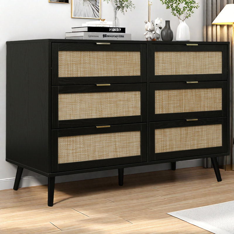Commode à 6 tiroirs l 46,7 po Atyia, commode double en rotin pour chambre à coucher, commode à tiroirs moderne, Noir