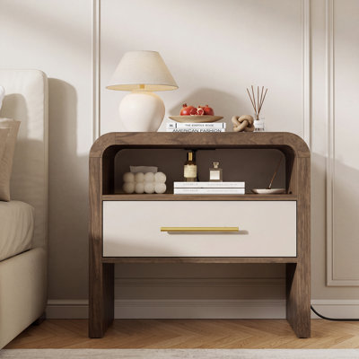 Wyoming 23.7" Curved Nightstand with Charging Station, LED Light, Drawer and Open Shelf
