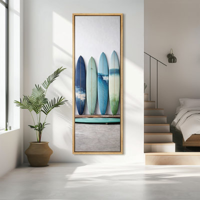 Planche de surf minimaliste, tons neutres, décor côtier moderne, images extra larges, impression sur toile encadrée