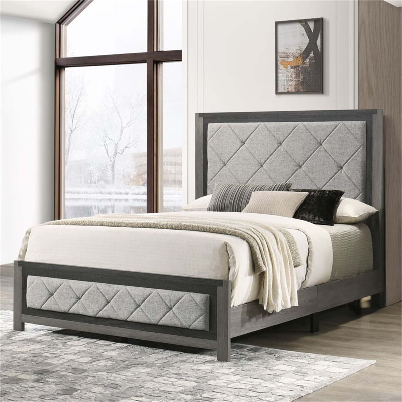 Lit à panneau moderne à finition transitionnelle avec tête et pied de lit capitonnés, mobilier de chambre en bois élégant