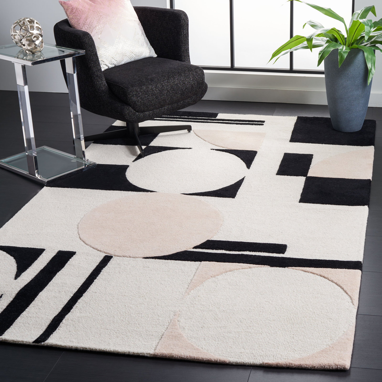 Felipe Blush Black Hand-Woven Wool Geometric Rug, Rectangle 6' x 9'