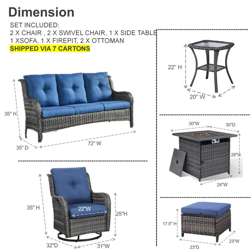 Carolina 5 - Person Outdoor Seating Group with Fire Pit with Cushions, Blue
