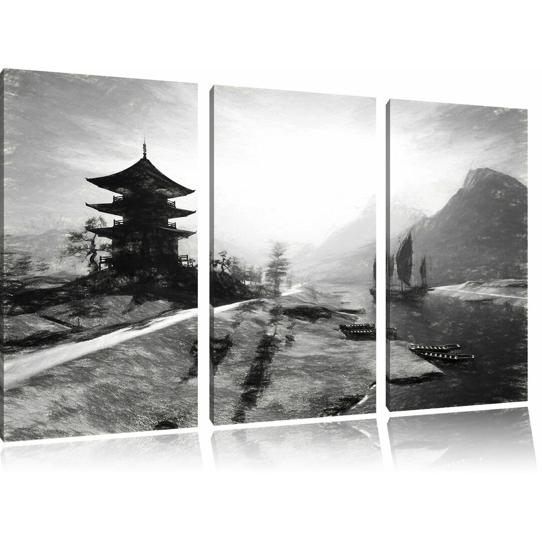 3-tlg. Leinwandbild-Set â€žBeeindruckender asiatischer Tempel am Flussâ€œ, Kunstdruck