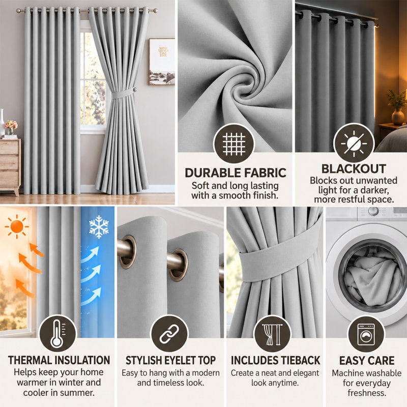 Cariya Small Window Eyelet Blackout Thermal Curtains  – Light Blocking & Energy Efficient, 117cm Width x 137cm Drop
