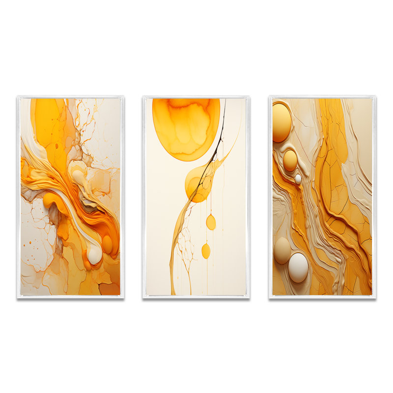 Undefined Continuation Liquid Waves Yellow - Abstract Shapes Art Set Of 3 Pieces, Cadre flottant blanc, H 28 po x l 36 po