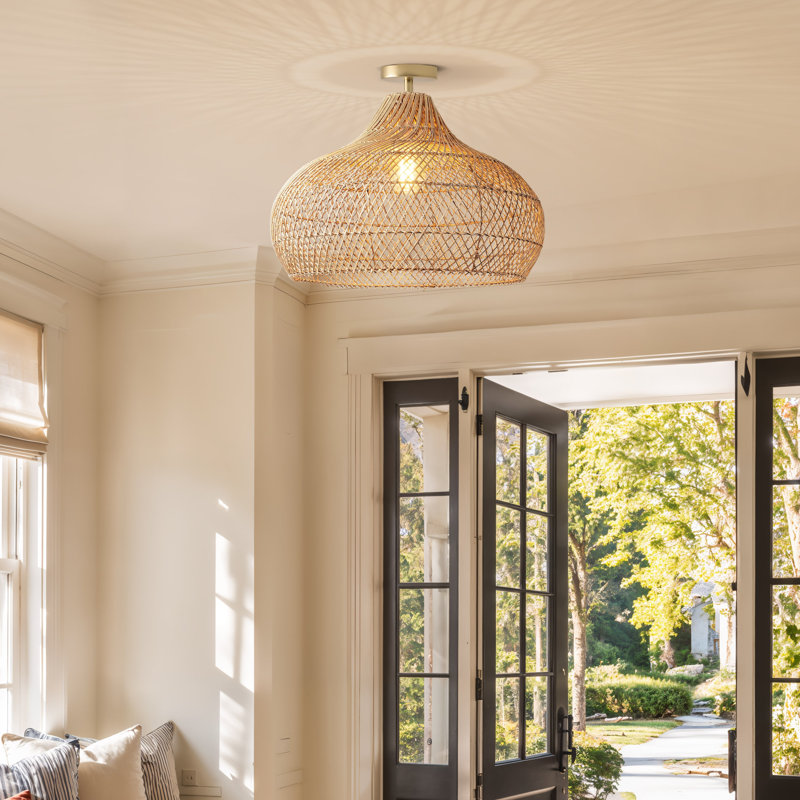 Plafonnier encastré en rotin et en dôme naturel 1 lumière Kloe Rattan, 18 po de diamètre, Plafonnier encastré laiton doré