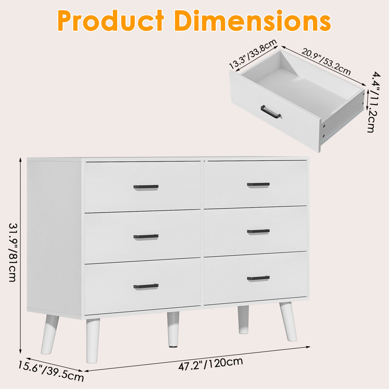 Commode blanche pour chambre à coucher, commode 6 tiroirs avec poignées en métal, grande commode de rangement moderne Mid-Century pour le salon, placard