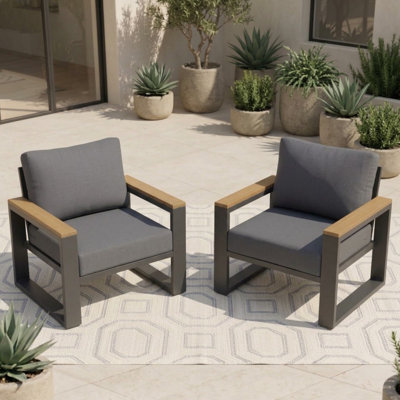 Ensemble de 2 chaises de patio en aluminium avec accoudoirs imitation bois et coussin de 12,5 cm