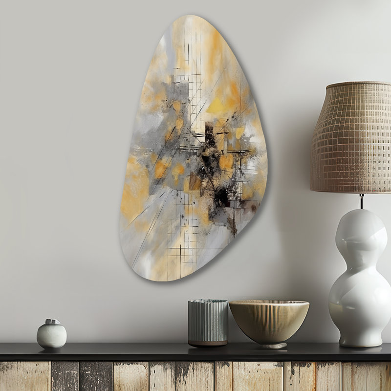 Yellow And Grey Beyond The Canvas I - Abstract Painting Unique Shape Metal Wall Art, Yellow Asymmetrical Metal Art Print