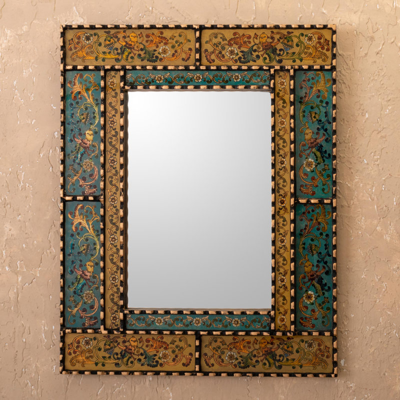 Erzsi Solid Wood Rectangle Mirror, Gold/Blue