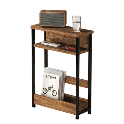 Slim Modern Side Table with Drawer and Magazine Rack – 3-Tier Storage Shelf – Space-Saving End Table for Small Living Room, Bedroom, or Sofa – Distinctive Tiger Stripe