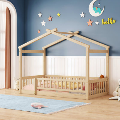 Wood House Bed Frame With Fence, Sturdy Pine Construction, Playful Design