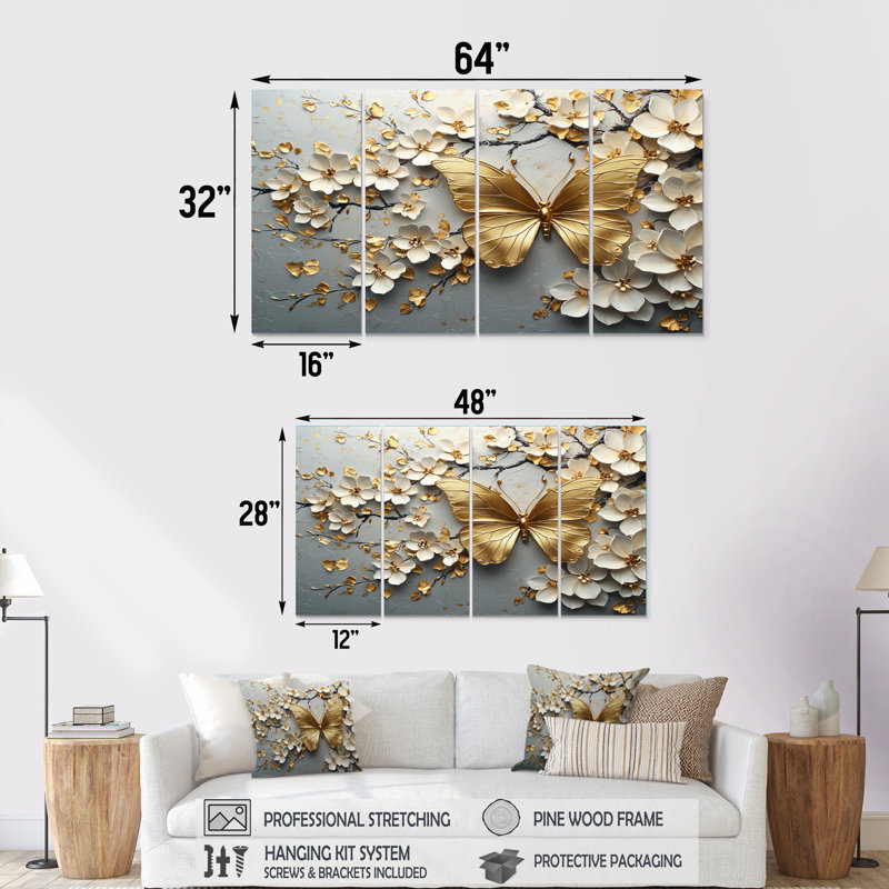 Papillon doré sur arbre à fleurs de cerisier II - Ensemble de décoration murale cerisier en fleurs, H 28 po x l 48 po