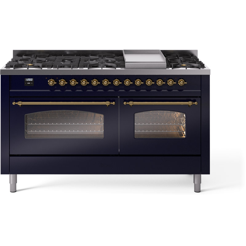 ILVE Nostalgie II 60 Dual Fuel Range, 9 Burners, Griddle, Natural Gas, Midnight Blue/Brass
