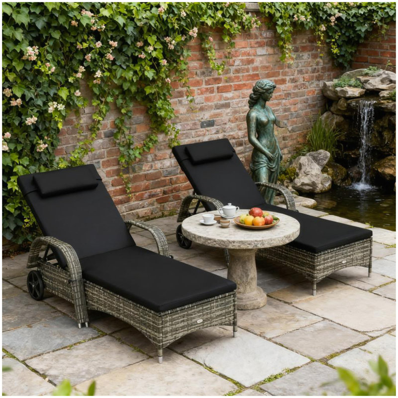 Fauteuils roulants d'extérieur, 2 chaises longues inclinables, avec coussin, coussin, appui-tête, accoudoirs et roues